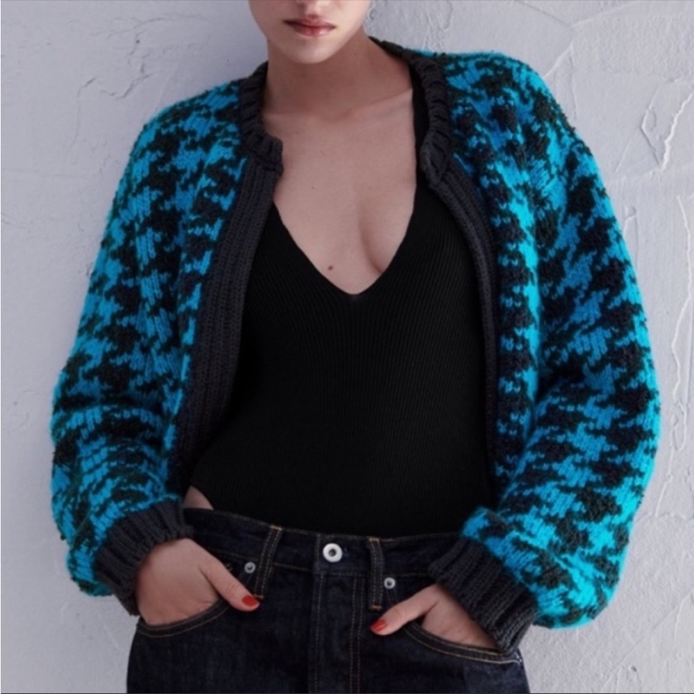 NEW Zara Houndstooth Knit Cardigan Small - Picture 5 of 13